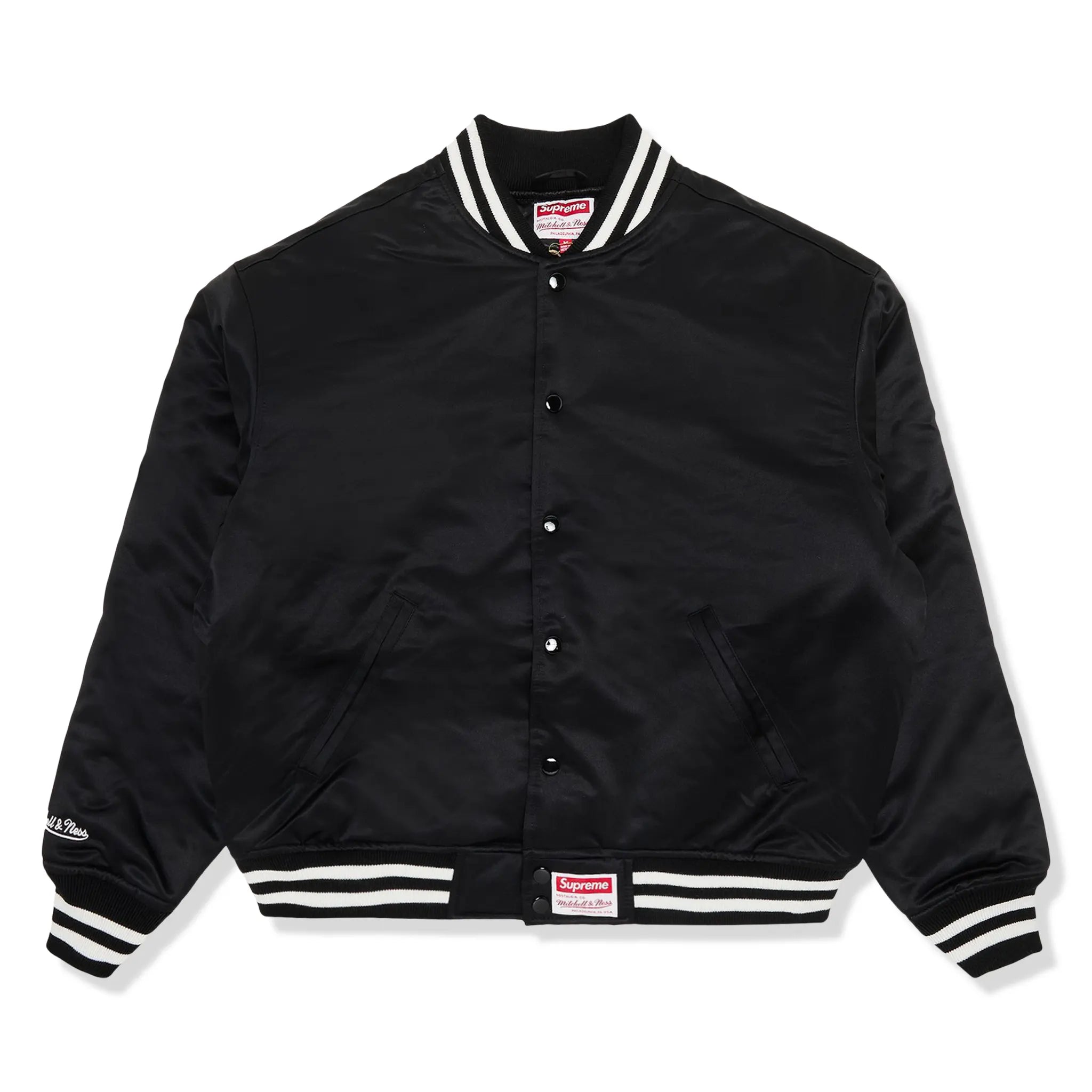 Front View of Preloved - Supreme x Mitchell & Ness Satin Varsity Black Jacket